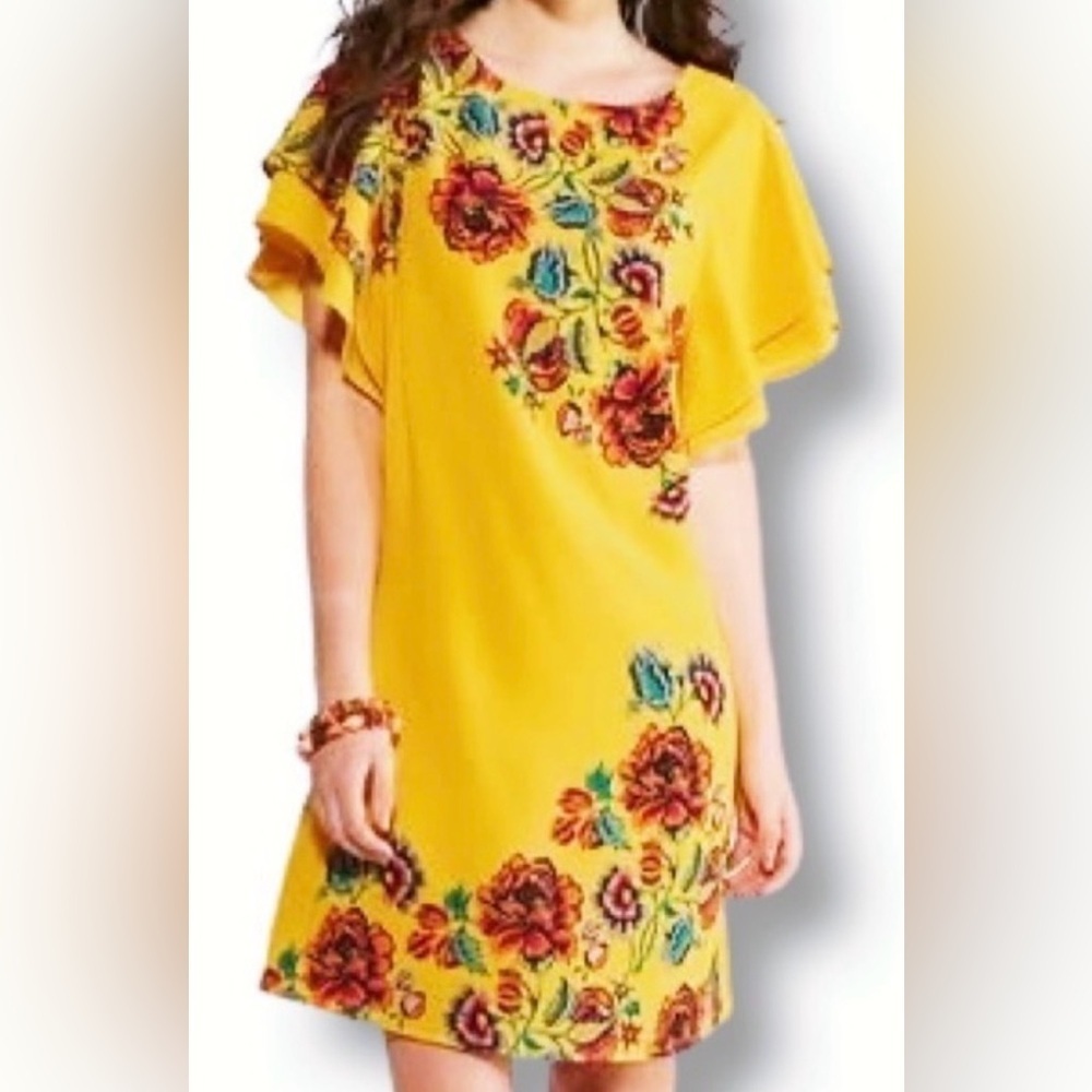C EST. 1946 Floral Short Flutter Sleeve Dress Women’s Size S Lined Yellow
